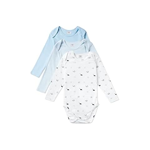 Stellou & friends Baby bodysuit set multi-piece for boys and girls with prints, organic cotton, long-sleeved, slip-on neck, Blue / white set of 3, 86/92 cm Cover