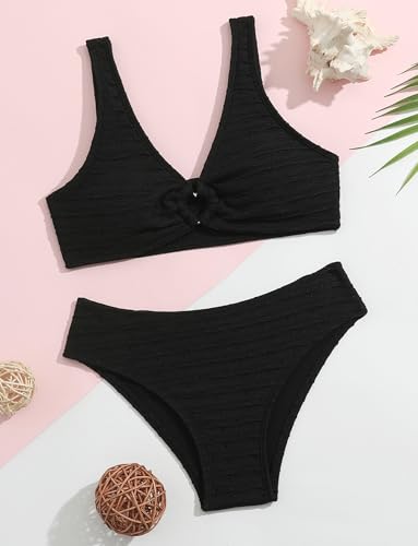 Image of Girl's Cute Two Piece Bikini Set High Waisted Bathing Suits V Neck Bikini Sets Ribbed O-Ring String Swimsuits Black 12-13 Years