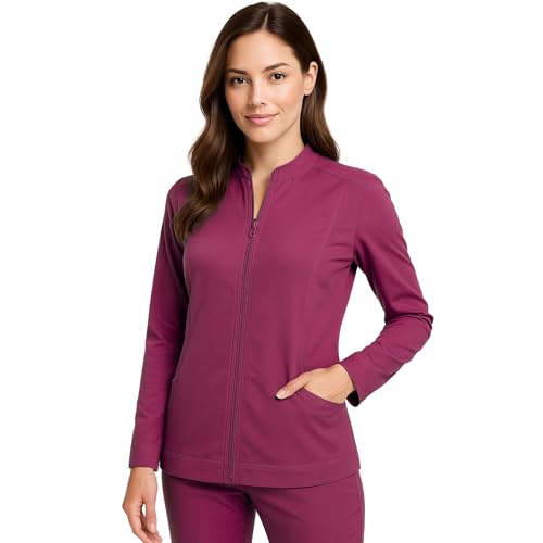 M&M SCRUBS Women's Ultra Soft Front Zip Warm-Up Scrub Jacket (Burgundy, Large)