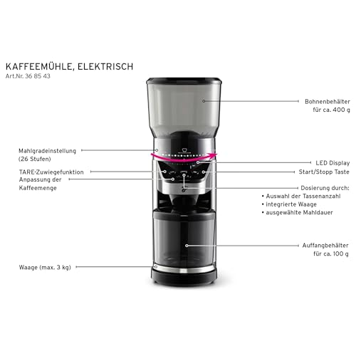 Tchibo elektrische Kaffeemühle, eingebaute Waage, Edelstahlmahlwerk, Kegelmahlwerk 26 Mahlgradeinstellungen...