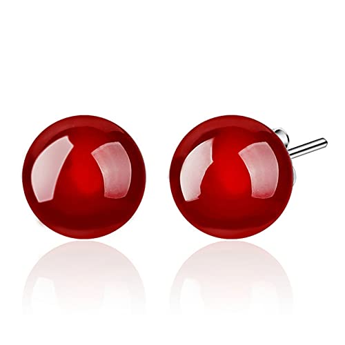HengSun Natural red Agate Earrings Female Silver Plated Earrings Jewelry Silver Earrings Earrings Ball Earrings (Red, 6M)