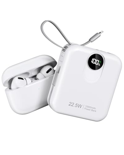 10000mAh Power Bank con Cable Incorporado: Batería Externa de Carga rápida de 22.5W para teléfono móvil, Battery Pack USB C (Entrada y Salida), Cargador portátil con 4 Salidas y 2 entradas Radio with