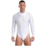 dPois Herren Gymnastik Body Langarm Turnbody Gymnastikanzug Trikot Leotard Bodysuit Einfarbig Training Workout Sport Outfit Weiß XL