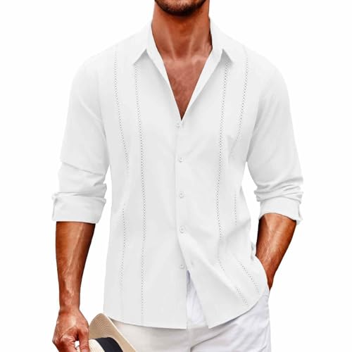 VaiKanhai Camisas de Guayabera Cubanas para hombre, camisa casual con botones y mangas largas, camisas de lino para reloj analógico, a, L
