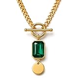 Chunky Gold Toggle Necklace for Women – 18K Gold Plated Statement Chain with Emerald Green Crystal Pendant