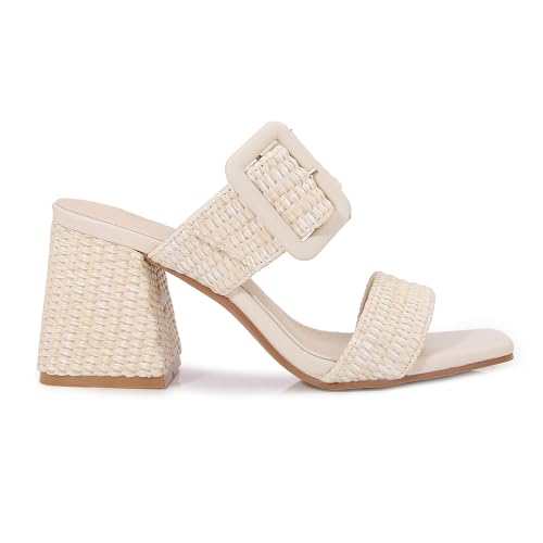 Women's Raffia Slide Sandals Square Open Toe Heeled Sandals Two Strap Mules Slip On Block Chunky Heels Sandals for Women2