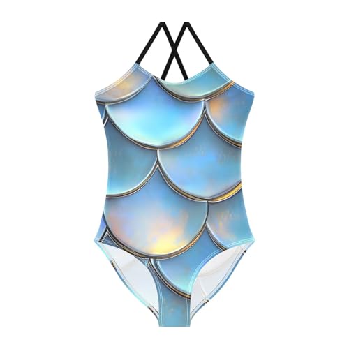 Bolaz Girls Swimsuits One-Piece Bathing Suits Multicolor Kids Sport Summer Beach Swimwear for 3-10 Years Old-Blue Scale Pattern