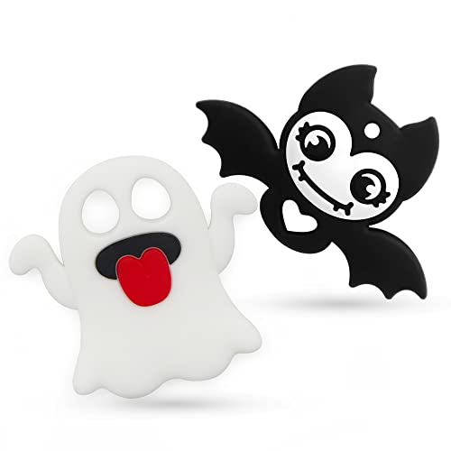 Image of Teething Toys for Babies, PAPACHOO 2 Pack Halloween Soft Silicone Baby Soothing Teether Chew Toys (Ghosts & Bats)