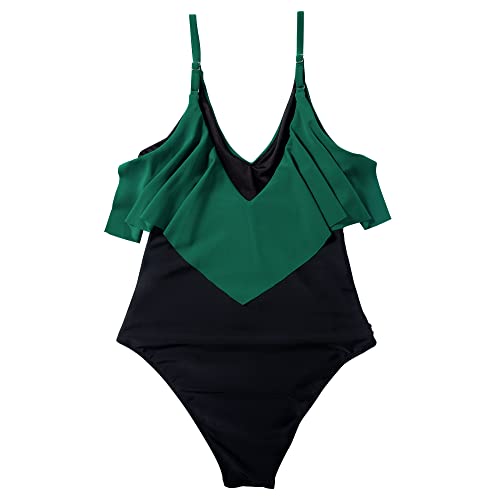 SUUKSESS Women Slimming Ruffle One Piece Swimsuits Ruched Tummy Control Bathing Suits (Deep Green Black, XL) - Image 4