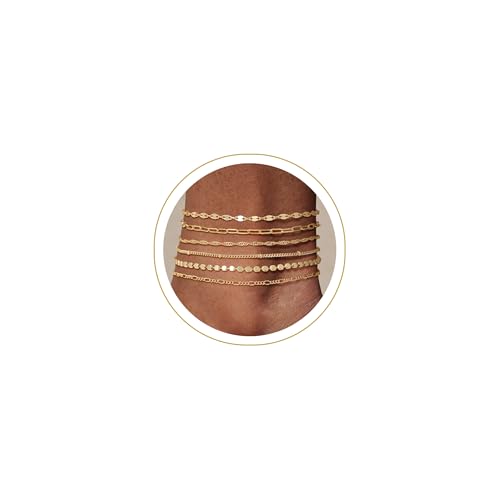 Image of Tewiky Waterproof Ankle Bracelets for Women, 14K Real Gold Plated Anklets for Women 6PCS Anklet Set Dainty Summer Beach Jewelry