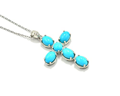 Natural Sleeping Beauty Turquoise 7X5 MM Oval Round Gemstone 925 Sterling Silver Holy Cross Pendant Necklace December Birthstone Turquoise Jewelry Proposal Necklace Gift Girlfriend (PD-8458)