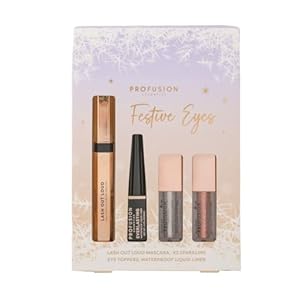 Profusion Cosmetics Festive Eye Kits and Liquid Eyeshadow for Flawless Eye Catching Look, Finish Your Look With Classic Black Liquid Liner, and Lash Out Loud Lengthening With Curling Mascara