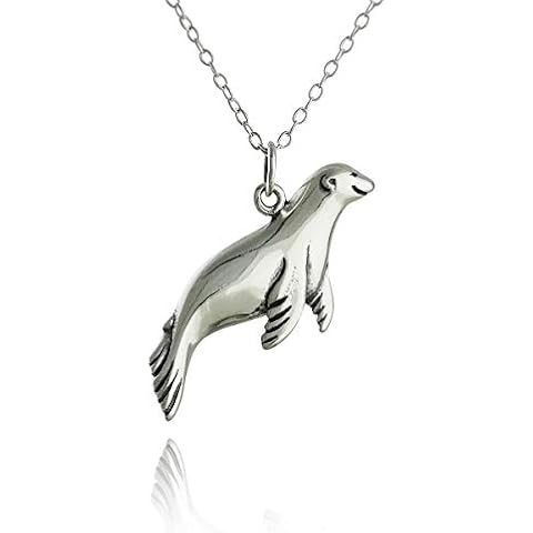 FashionJunkie4Life Sterling Silver Sea Lion Charm Necklace 18" Chain Harbor Seal, Metal Cover