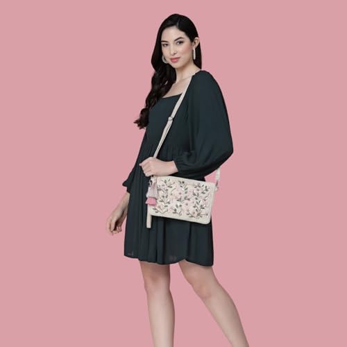 Image of Anekaant Cotton Sling Bag - Boho Floral Bead Work, Handmade Ethnic Crossbody Bag for Women