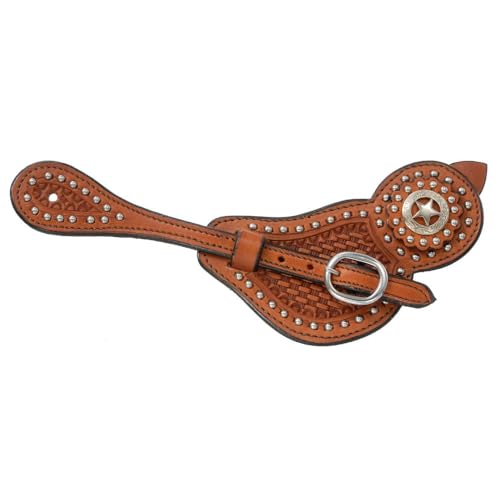 Tough 1 Royal King Lined Cowhide Spur Straps with Basket Tooling and Dots, Medium Oil