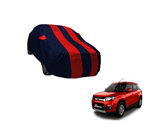 Image of Auto Hub Car Cover Compatible with Maruti Vitara Brezza (Model : 2015-2021) with Weather Proof, Mirror Pocket, Triple Stitched, Vitara Brezza Car Cover- Navy-Red