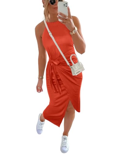 Image of NOLLSOM Women Casual Sleeveless Striped Tank Midi Dresses Halter Neck Ruched Bodycon Dresses Tie Waist T Shirt Summer Dress