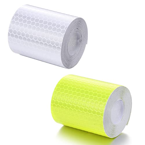 Reflective Tape 2 Rolls 3M x 5CM Safety Tape Waterproof PVC Self-Adhesive Warning Stickers Security Marking Tape for Bicycle Car Truck Motorcycle Baby Strollers Helmets at Night -Yellow + White