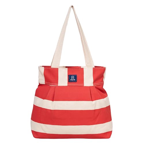 Image of AQVA Striped Cotton Canvas Shoulder Tote Bag for Women with Sturdy Strap Multipurpose Handbag with Zip Closure for Travelling, Shopping and Work