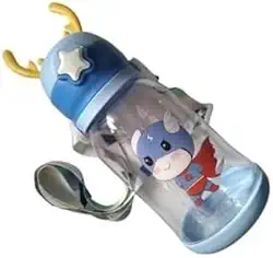 Garrafa de Água Infantil com Tampa Alce Highquality, Design Fofo com Canudo, Decorada com Animais (Azul)