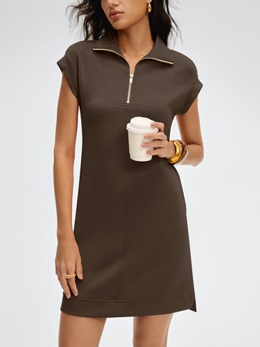 Image of ANRABESS Womens Summer Casual Half Zip Cap Sleeve Trendy Wrinkle-Free Tshirt Dress 2026 Spring Beach Vacation Short Dresses