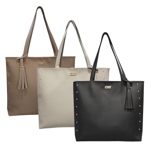 Bolsa Feminina Sacola Grande Kit Com 3 Peças Universitária De Ombro (Preta-Marfim-Amêndoa)