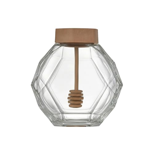 UPSTORE Tarro de vidrio transparente hermético para miel, de 355 ml, dispensador de miel con forma hexagonal, recipiente con cucharón de madera y tapa para cocina en el hogar