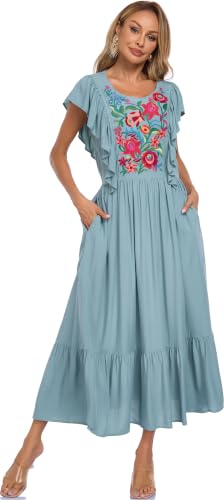 Image of Women's Summer Maxi Dress Casual Floral Embroidered Round Neck Short Sleeve Ruffle Tiered Dress Flowy Boho Beach Sundress
