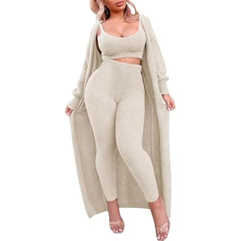 bbpawing Womens Fuzzy 3 Piece Sweatsuit Open Front Cardigan Crop Tank Tops Wide Legs Pants Lounge Sets Cover