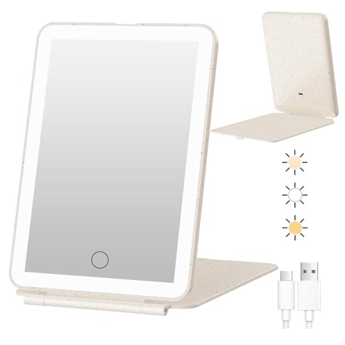 Image of FUNTOUCH Rechargeable Travel Makeup Mirror with 72 Led Lights, Portable Lighted Makeup Mirror, 3 Color Lighting, Dimmable Touch Screen, Type C, Tabletop LED Folding Cosmetic Vanity Mirror