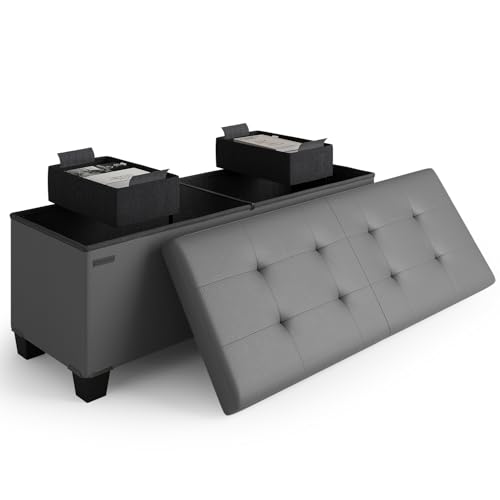 Storage Ottoman Bench with Bins, 43-in Storage Bench for Bedroom End of Bed, Folding Foot Rest Ottoman for Living Room Max 660lbs, Faux Leather Ottomans, Grey