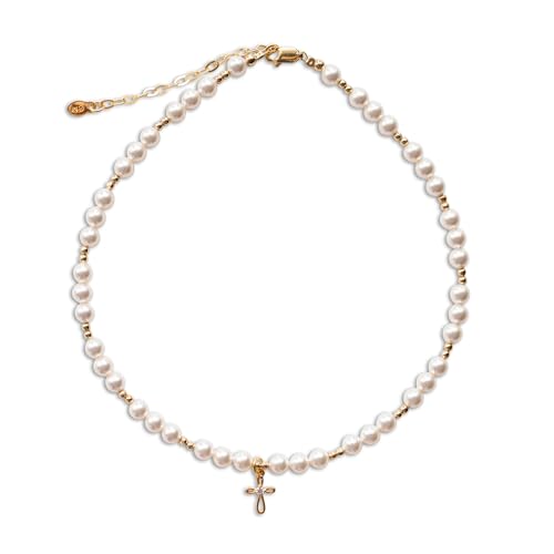 Cherished Moments Children's 14K Gold-plated Bracelet and/or Necklace with High-End Simulated Pearls and Cross Charm for Baptism, Christening or First Communion Gift for Girls