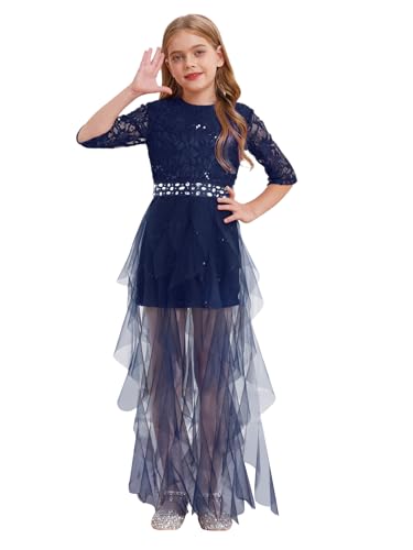 Xnihocha Vestido de fiesta para niños y niñas, estilo vintage, con flores, elegante, largo de noche, línea A, vestido festivo de comunión, azul oscuro, 134-140