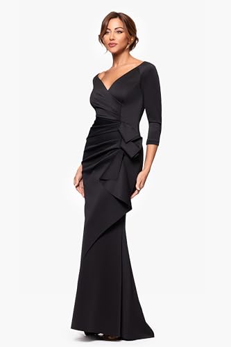 Xscape Women's Long 3/4 Sleeve V-Neck Side Ruched Gown (Reg and Petite), Black, 62