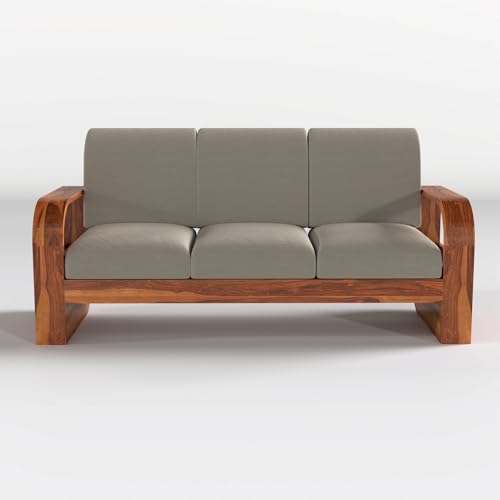 Image of Solid Sheesham Wooden 3 Seater Sofa Set with Light Taupe Cushion for Living Room Furniture - Honey Finish