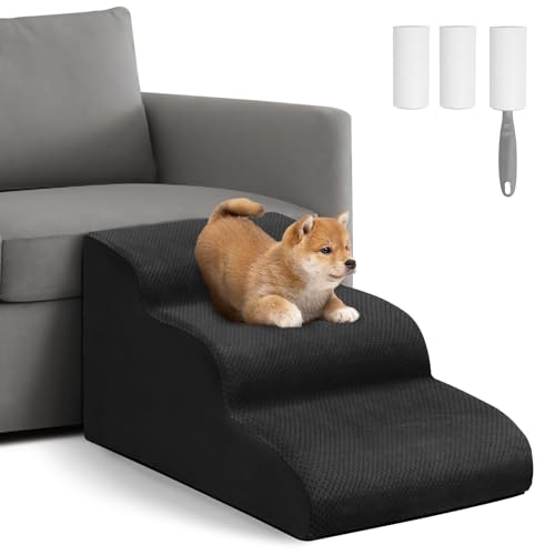 Mozvvco Escaleras para Perros de 3 Peldaños, Rampa para Mascotas de Espuma de Alta Densidad, Escaleras para Mascotas con Cubierta de Felpa Extraíble y Lavable, para Sofá o Cama, Negro