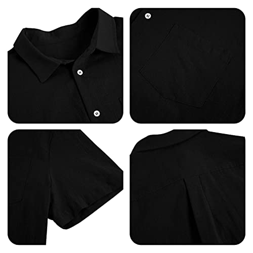 Fommykin Men's Linen Short Sleeve Shirts Cotton Casual Button Down Collared Beach Summer Solid Plain Shirt With Pocket Black #TOP1