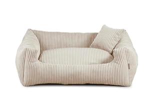 Gutekissen® Hundebett aus weichem Material, gefüllt mit Polyurethanschaumstoff, Geripptes Material, schmutzabweisend, Farb- und Größenwahl, inklusive kleines Kissen. (S - 65x55, Beige)