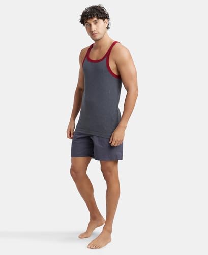 Image of Jockey US27 Men's Super Combed Cotton Rib Square Neck Gym Vest (Shoulder Strap Color May Vary) Charcoal & Red Pepper L