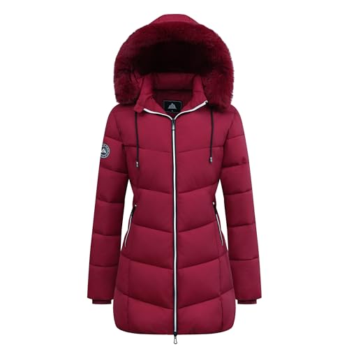 MOERDENG Damen Winter Winddicht Warm Daunenmantel Wasserdicht Dicke Kapuze Mode Puffer Jacke, Rot/Ausflug, einfarbig (Getaway Solids), Large