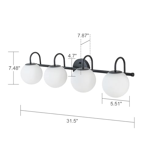 Image of Globe Vanity Light, 31 inch Modern Gold Bathroom Light Fixtures Mid-Century Milk Glass Vanity Light 4-Light Wall Sconce Black