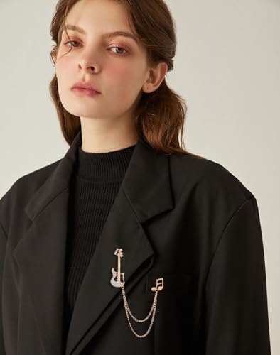 Image of Fashion Guitar Long Chain Lapel Brooch Pin with Music Note Rhinestone Musical Instrument Tassel Pins for Women Girls Men Suit Sweater Coat Jacket Backpack Brooches Pins Musician Party Clothes Accessories Jewelry Gifts