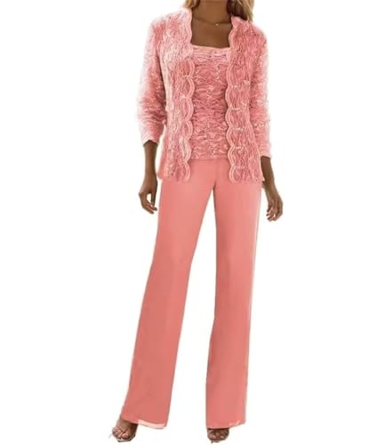 Image of 3 Pieces Chiffon Lace Mother of The Bride Pant Suits with Jackets Sequins Wedding Guest Dresses for Women
