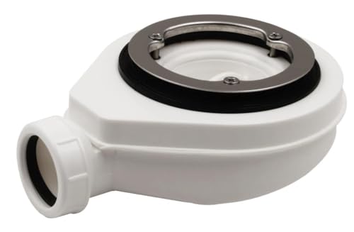 Valvola di scarico per piatti doccia | Sifone per piatto doccia - diametro 140 mm | Anello di fissaggio in acciaio inox lucido con fissaggio a 3 viti, con contenitore per rifiuti