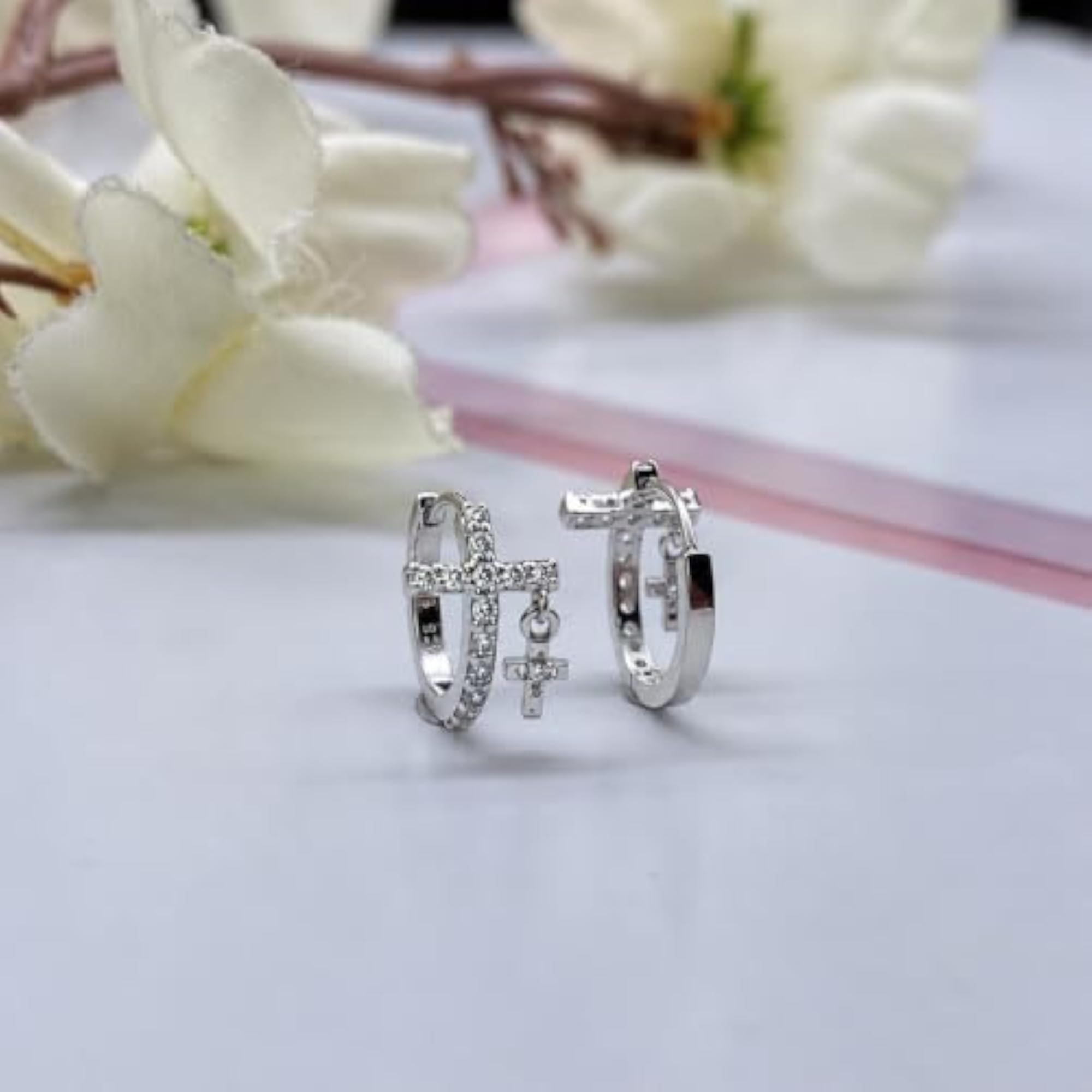 Women's 925 Sterling Silver Cross CZ Huggie Hoop Earrings