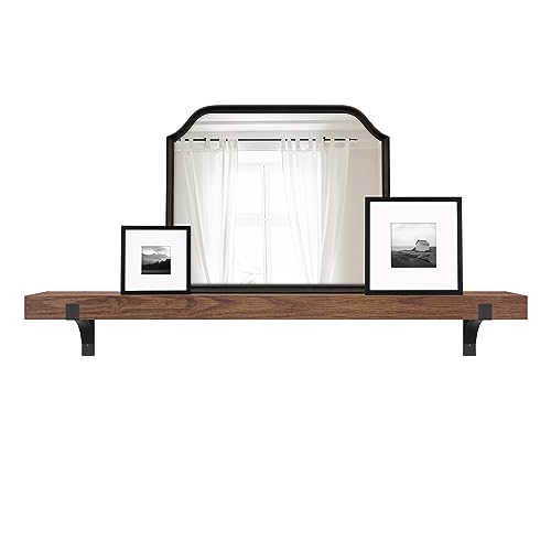 Image of MCS 72-Inch Mantel, Master & Co Walnut Woodgrain Finish Solid Wood Floating Fireplace Mantel, Long Floating Shelf for Livingroom with Wood Cleat Hanging System, Photo and Home Decor Display Shelf