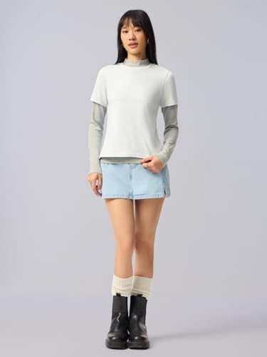 Image of The Souled Store Casual Classics: Women and Girls Short Sleeves Spread Collar Solid Cotton Regular Fit Breathable Lightweight Trendy Everyday T-Shirt