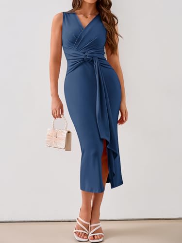 Image of YIOYOLA Womens Sleeveless Ruched V Neck Sheath Casual Party Midi Bodycon Dresses with Slit