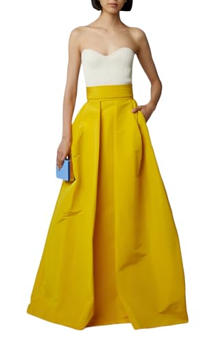 Yellow Pleated High Waist Taffeta Long Skirt with Belt & One Pocket – Handmade Casual Evening Party Skirt for Women