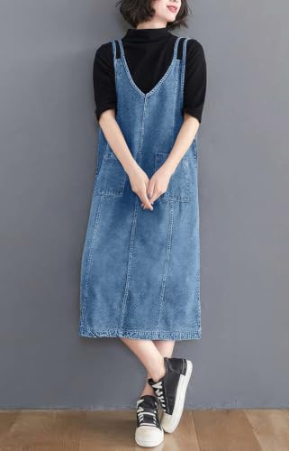 Image of ebossy Women's Sleeveless V Neck Denim Overall Jumper Dress Casual Loose Double Spaghetti Straps Midi Jean Dress